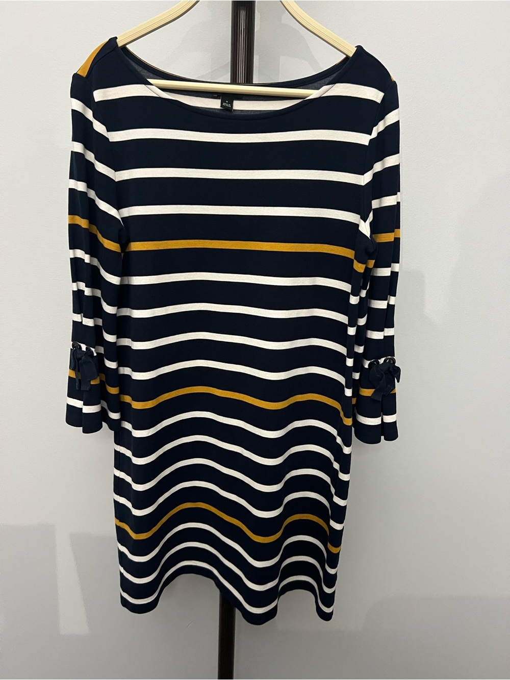 Ann Taylor Factory Navy, White & Mustard Striped Midi Dress